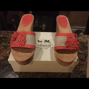 Coach coral and cork wedges